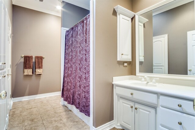 5816 Forest Highlands Dr, Fort Worth, TX 76132 - bathroom with tile patterned floors, curtained shower, vanity, baseboards, and ornamental molding