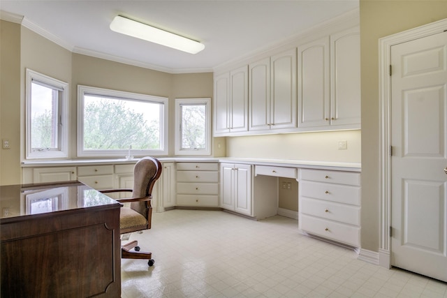 5816 Forest Highlands Dr, Fort Worth, TX 76132 - office with crown molding, light floors, and built in study area