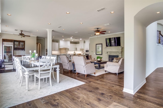 5816 Forest Highlands Dr, Fort Worth, TX 76132 - dining space with visible vents, dark wood-style flooring, and a ceiling fan