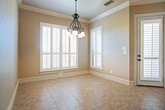 1304 Rollie Michael Ln, Fort Worth, TX 76179 - tiled spare room featuring crown molding, baseboards, a notable chandelier, and visible vents