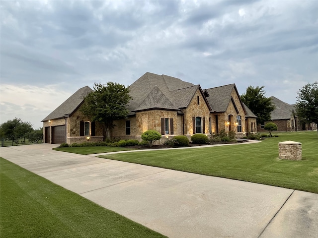 1304 Rollie Michael Ln, Fort Worth, TX 76179 - french country home featuring a garage, a front yard, stone siding, roof with shingles, and driveway