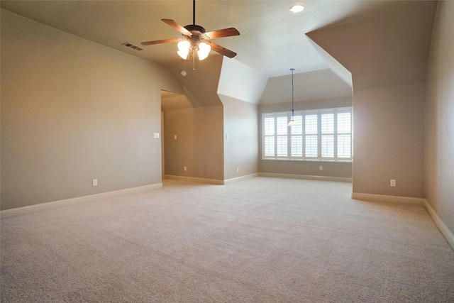 1304 Rollie Michael Ln, Fort Worth, TX 76179 - interior space with ceiling fan, light carpet, baseboards, vaulted ceiling, and visible vents