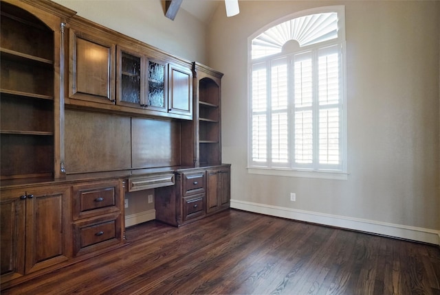 1304 Rollie Michael Ln, Fort Worth, TX 76179 - unfurnished office featuring baseboards, built in desk, and dark wood-style floors