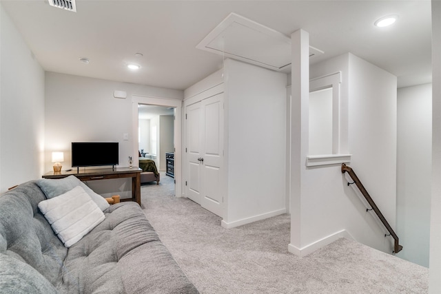 6510 Baritone Ct, Sachse, TX 75048 - living room featuring attic access, light colored carpet, baseboards, and recessed lighting
