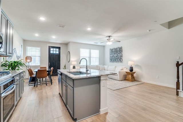 6510 Baritone Ct, Sachse, TX 75048 - kitchen featuring a sink, stainless steel appliances, gray cabinetry, a ceiling fan, and light wood-style floors