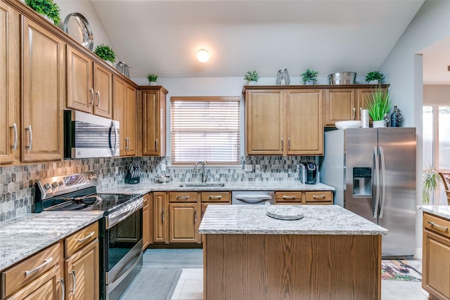 209 Timberbluff Ln, Murphy, TX 75094 - kitchen with light stone countertops, brown cabinets, a sink, backsplash, and stainless steel appliances