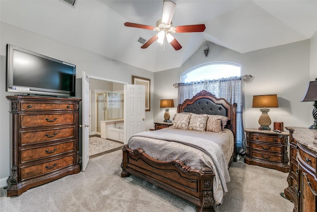 209 Timberbluff Ln, Murphy, TX 75094 - bedroom featuring carpet flooring, vaulted ceiling, ensuite bathroom, and visible vents