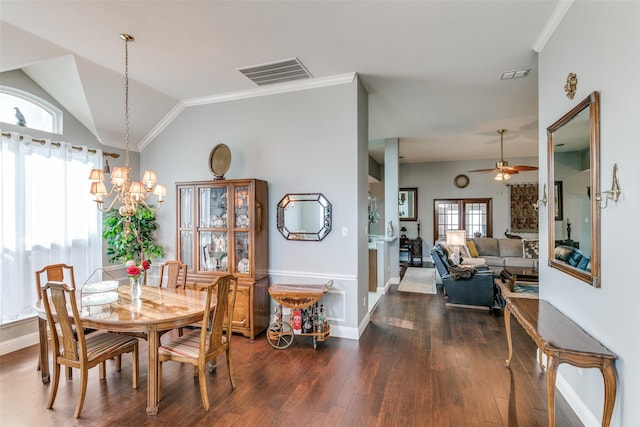 209 Timberbluff Ln, Murphy, TX 75094 - dining room with plenty of natural light, ceiling fan with notable chandelier, wood finished floors, and visible vents