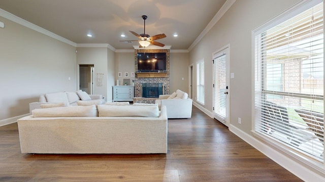 1233 War Admiral Dr, Terrell, TX 75160 - living room with crown molding, ceiling fan, a fireplace, dark wood finished floors, and recessed lighting