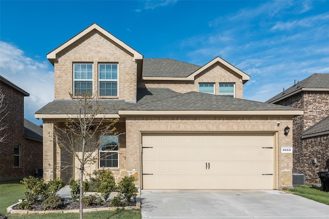 3213 Grimaldo Dr, Mesquite, TX 75126 - view of front facade featuring concrete driveway, a shingled roof, a garage, and cooling unit