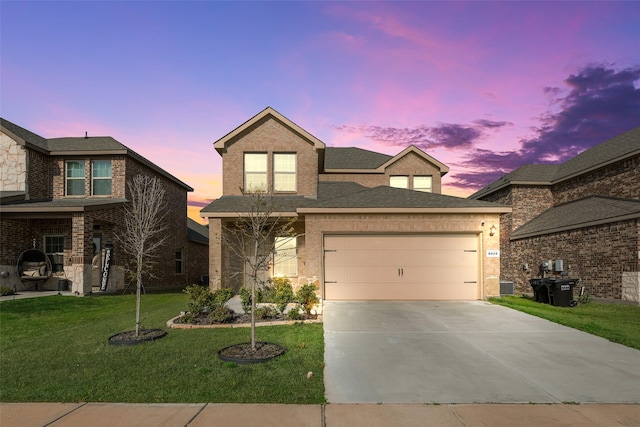 3213 Grimaldo Dr, Mesquite, TX 75126 - traditional-style home featuring concrete driveway, a garage, a front yard, brick siding, and a shingled roof