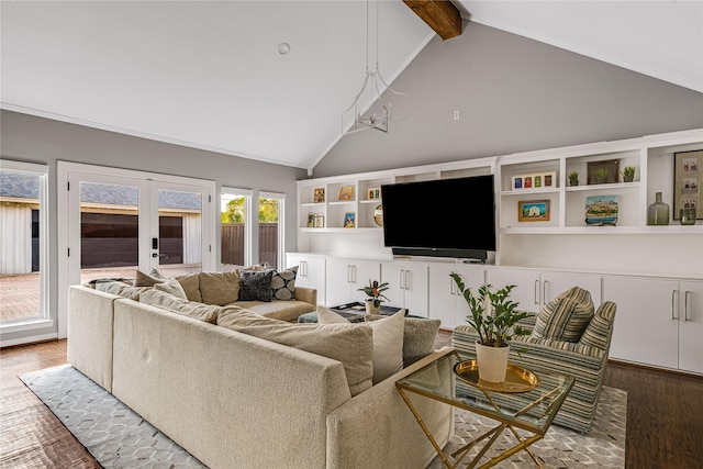 5230 Boca Raton Dr, Dallas, TX 75229 - living room featuring french doors, high vaulted ceiling, beamed ceiling, and wood finished floors