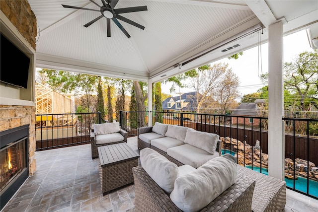 5230 Boca Raton Dr, Dallas, TX 75229 - view of patio featuring an outdoor living space with a fireplace and a ceiling fan