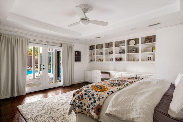 5230 Boca Raton Dr, Dallas, TX 75229 - bedroom featuring a tray ceiling, access to exterior, visible vents, and dark wood-style flooring