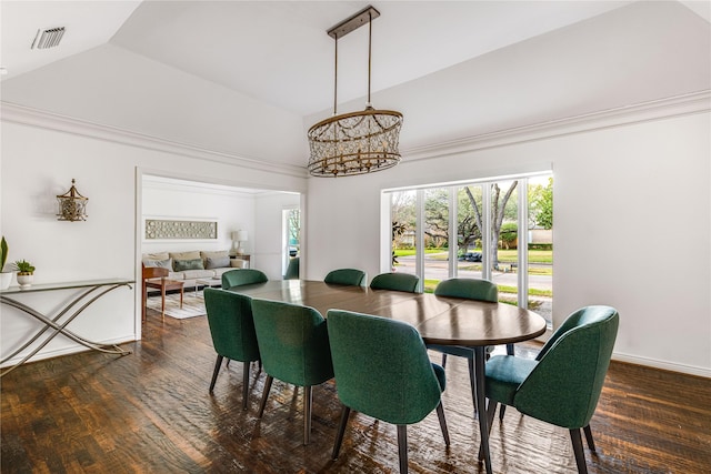 5230 Boca Raton Dr, Dallas, TX 75229 - dining space featuring visible vents, vaulted ceiling, wood finished floors, and a chandelier