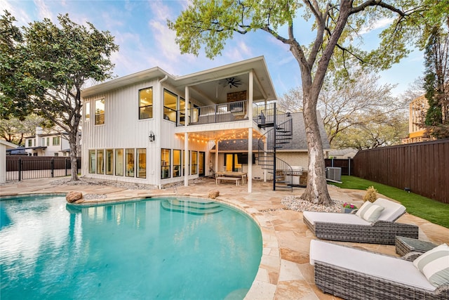 5230 Boca Raton Dr, Dallas, TX 75229 - rear view of house featuring stairs, a fenced backyard, an outdoor living space, a ceiling fan, and a patio area