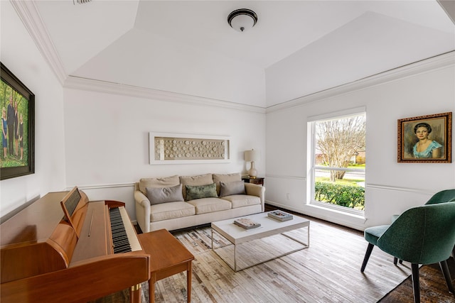5230 Boca Raton Dr, Dallas, TX 75229 - living room featuring lofted ceiling, ornamental molding, and wood finished floors