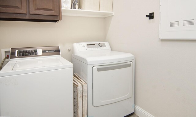 laundry room with independent washer and dryer, cabinet space, and baseboards