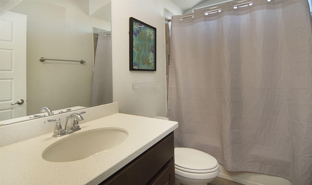 full bathroom with shower / bath combo, toilet, and vanity