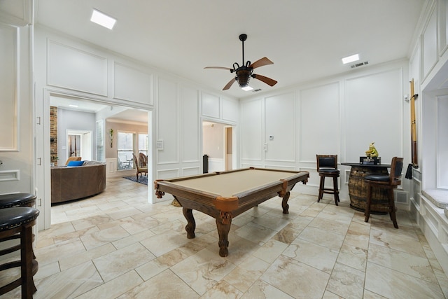 5835 Mapleshade Ln, Dallas, TX 75252 - game room featuring a decorative wall, a ceiling fan, and billiards