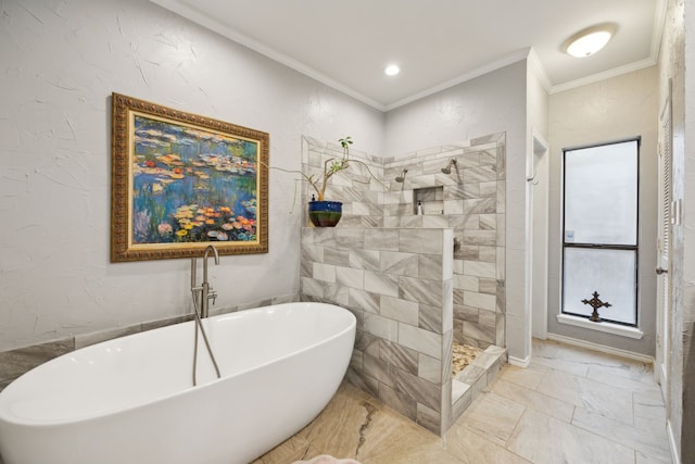 5835 Mapleshade Ln, Dallas, TX 75252 - bathroom with a freestanding bath, marble look tiles, walk in shower, and crown molding