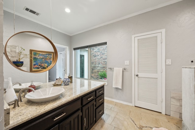 5835 Mapleshade Ln, Dallas, TX 75252 - bathroom featuring ornamental molding and vanity
