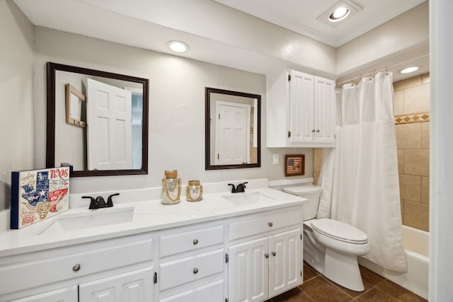 5835 Mapleshade Ln, Dallas, TX 75252 - bathroom with double vanity, toilet, tile patterned floors, shower / bathtub combination with curtain, and ornamental molding