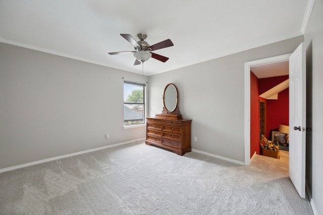 5835 Mapleshade Ln, Dallas, TX 75252 - bedroom featuring light colored carpet, baseboards, ornamental molding, and ceiling fan
