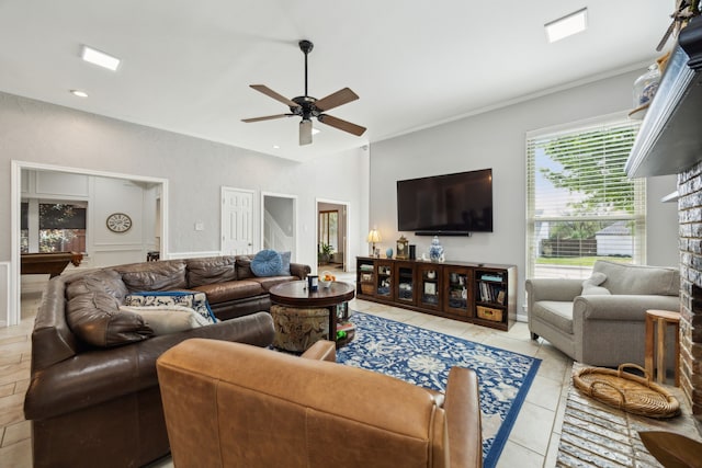 5835 Mapleshade Ln, Dallas, TX 75252 - living room with a ceiling fan, light tile patterned flooring, crown molding, and recessed lighting