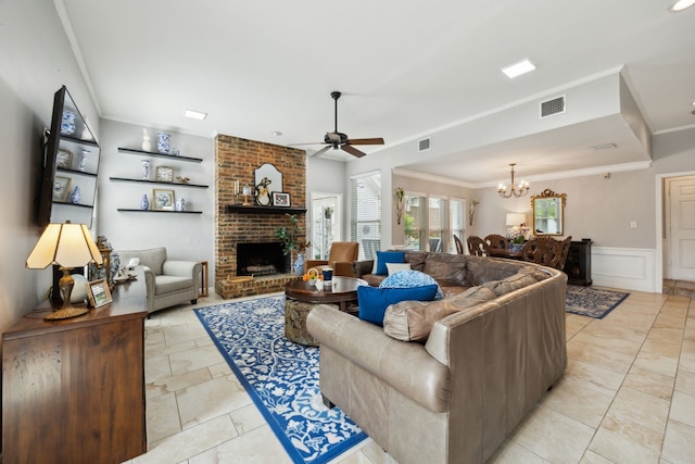 5835 Mapleshade Ln, Dallas, TX 75252 - living area featuring ornamental molding, a fireplace, a ceiling fan, a chandelier, and wainscoting