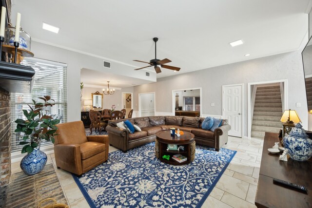 5835 Mapleshade Ln, Dallas, TX 75252 - living room with stairs, a ceiling fan, a chandelier, recessed lighting, and ornamental molding