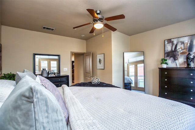 bedroom with ceiling fan, french doors, multiple windows, and visible vents