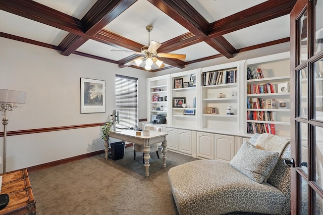 820 Clearlake Dr, Prosper, TX 75078 - home office with dark colored carpet, coffered ceiling, beamed ceiling, a ceiling fan, and baseboards