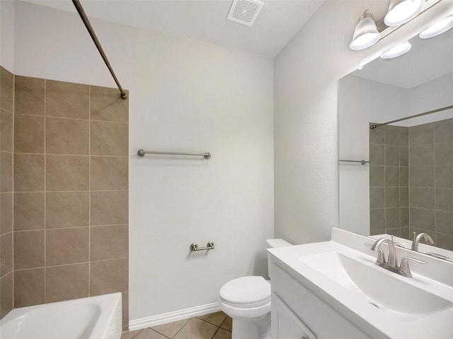 bathroom featuring tile patterned flooring, vanity, shower / bathing tub combination, toilet, and visible vents