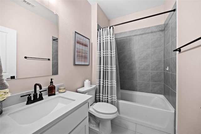 bathroom featuring vanity, shower / bath combination with curtain, toilet, tile patterned flooring, and visible vents