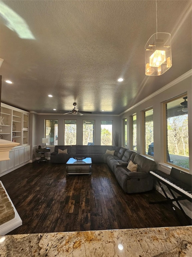 living room with wood-type flooring, a textured ceiling, and ornamental molding