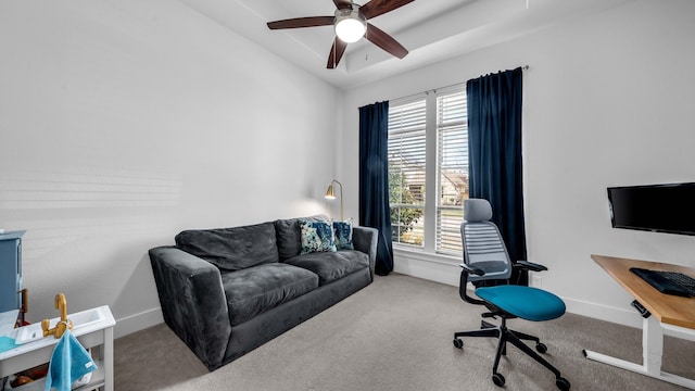 1651 Wynne Ave, Prosper, TX 75078 - office area with healthy amount of natural light, a ceiling fan, carpet flooring, baseboards, and lofted ceiling