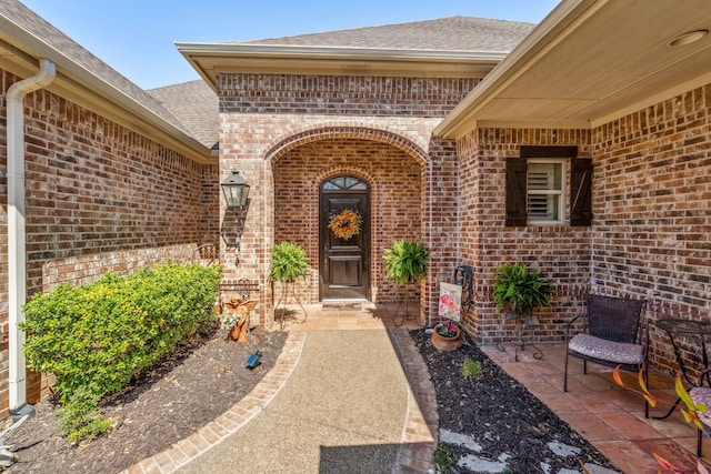 4204 Bluff View Dr, Granbury, TX 76048 - view of exterior entry with a shingled roof, a patio area, and brick siding