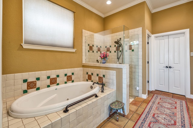 4204 Bluff View Dr, Granbury, TX 76048 - bathroom with a jetted tub, tiled shower, ornamental molding, and tile patterned floors