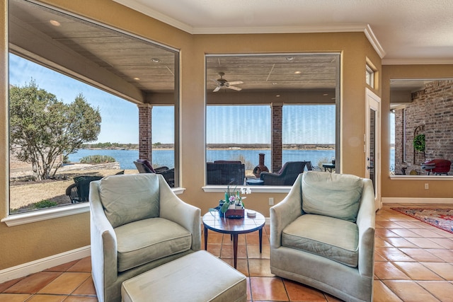 4204 Bluff View Dr, Granbury, TX 76048 - sitting room featuring a water view, baseboards, ceiling fan, ornamental molding, and tile patterned floors