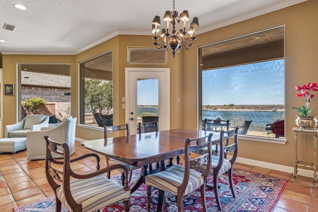 4204 Bluff View Dr, Granbury, TX 76048 - dining space featuring crown molding, a notable chandelier, visible vents, and a water view
