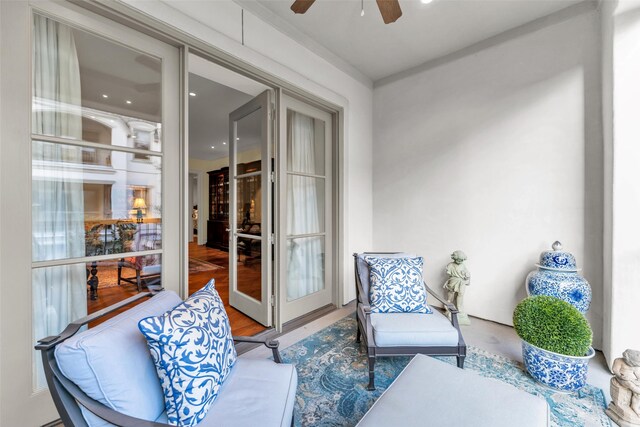 interior space featuring ceiling fan