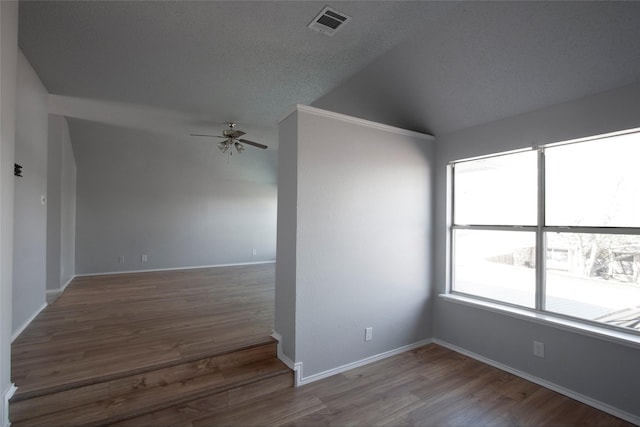 unfurnished room with lofted ceiling, a wealth of natural light, ceiling fan, and visible vents