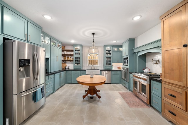 320 Eastwood Ave, Fort Worth, TX 76107 - kitchen with appliances with stainless steel finishes, dark countertops, open shelves, decorative backsplash, and recessed lighting