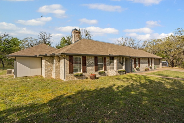 161 Mariah Dr, Weatherford, TX 76087 - ranch-style house with a chimney, brick siding, a front yard, a garage, and central air condition unit