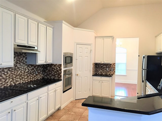 kitchen featuring under cabinet range hood, lofted ceiling, stainless steel appliances, and dark countertops