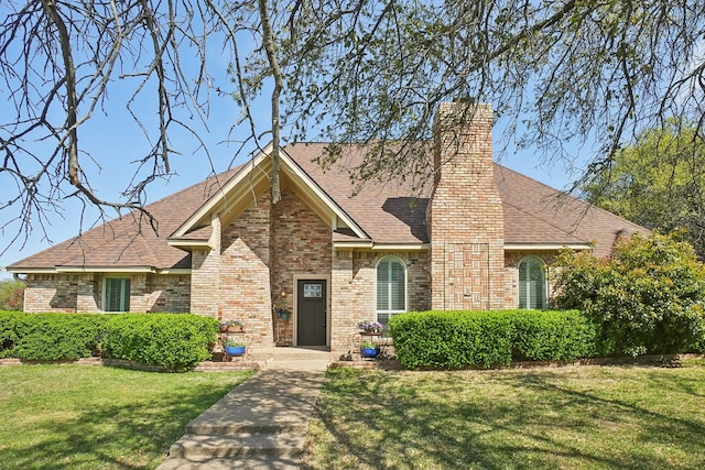 3415 W Fm 5th Rd, Aledo, TX 76008 - view of front of home with brick siding, a front lawn, a chimney, and a shingled roof