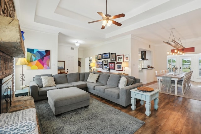 3415 W Fm 5th Rd, Aledo, TX 76008 - living area with hardwood / wood-style flooring, a tray ceiling, a ceiling fan, a fireplace, and crown molding