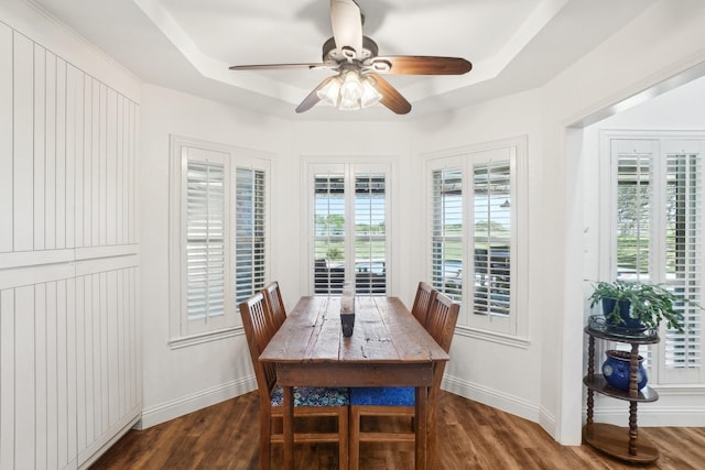 3415 W Fm 5th Rd, Aledo, TX 76008 - dining space featuring a raised ceiling, dark wood-type flooring, ceiling fan, and baseboards