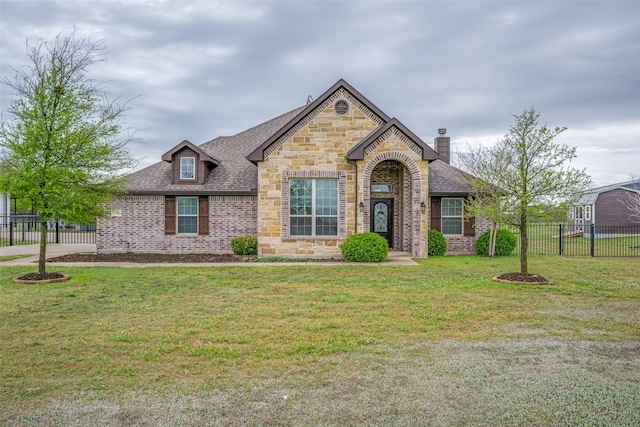 view of front of property with roof with shingles, fence, stone siding, a front lawn, and a chimney